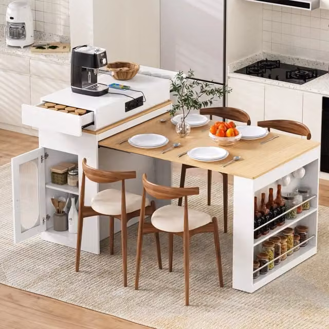 Tavolo da pranzo - isola cucina su ruote - piano pieghevole - bar con prese e ganci - bianco
