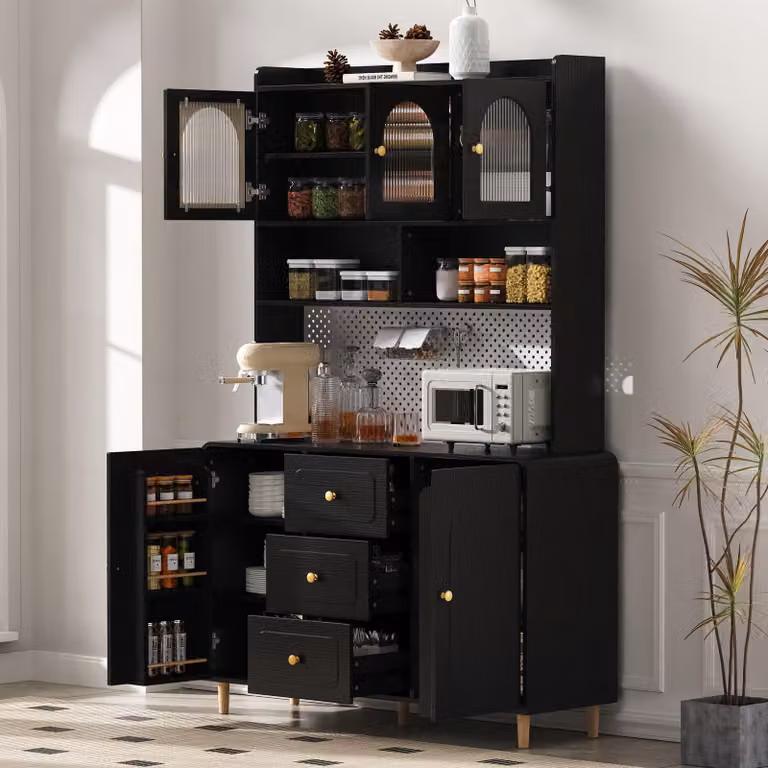 MODFU mobile da cucina a buffet con cassetti e vani a giorno, tavolo da bar con lavagna forata e gambe in legno massiccio, lavagna alta con spazio di archiviazione, nero