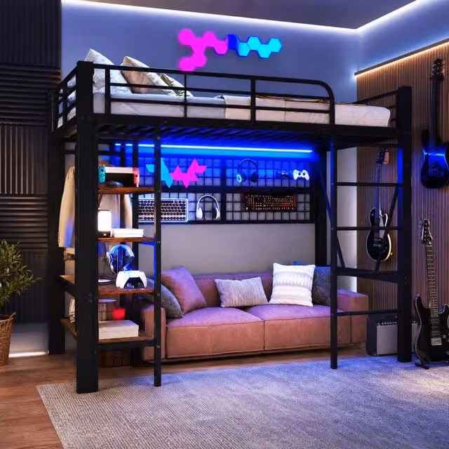Letto a soppalco singolo moderno nero con illuminazione LED e vani contenitori L/P/H: 204 x 90 x 120 cm