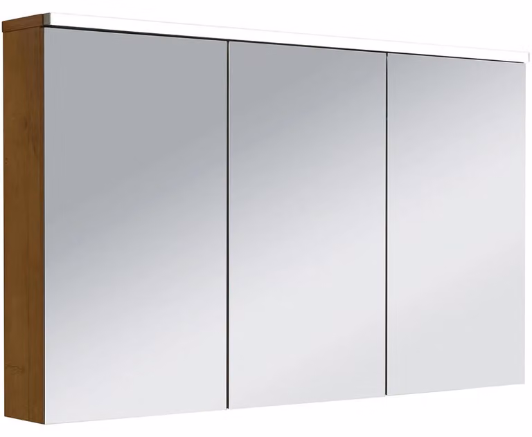 Mobiletto a specchio per il bagno con illuminazione LED, finitura noce miele, dimensioni 115x70x16,5 cm