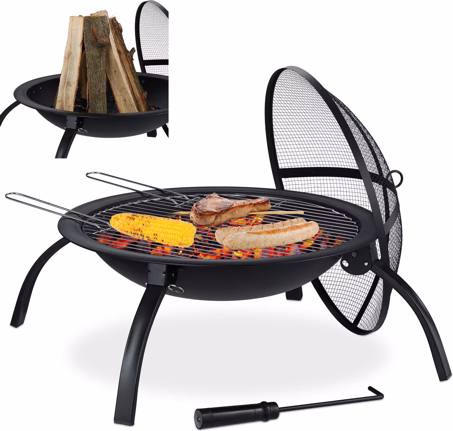 Relaxdays XL Braciere, griglia, attizzatoio, coperchio parascintille, giardino, terrazza, braciere D 56,5 cm, nero