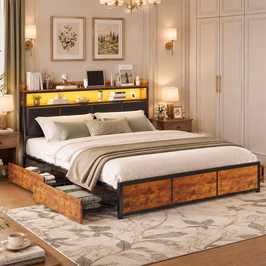 Letto imbottito INONEFT, 140 x 200 cm, letto matrimoniale con 4 cassetti e testiera, letto per adulti con LED e rete a doghe, imbottito, realizzato in PU