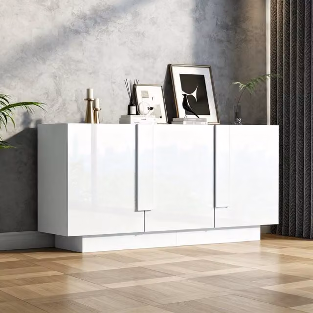 Madia con 3 ante e 6 vani con ripiani regolabili in pannello truciolare bianco lucido 160 × 35 × 60 cm