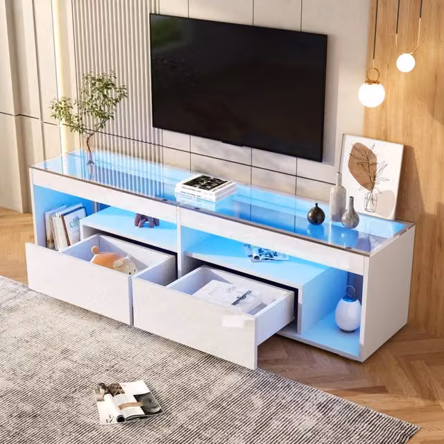 Mobile porta TV OKWISH moderno in bianco lucido con LED, 2 cassetti e ripiani in vetro temperato per il tuo soggiorno, L: 180 cm, P: 40 cm, H: 46 cm
