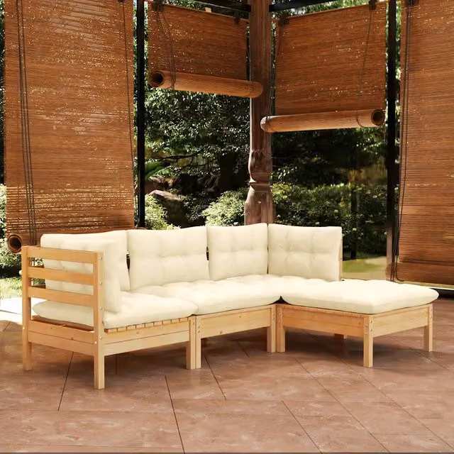 Set Salotto da Giardino 4 pz con Cuscini Crema in Legno di Pino 3096346