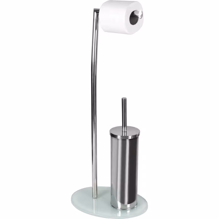 Piantana portascopino e portarotolo Vestiamo Casa in acciaio inox color argento, H 72 cm x L 28 cm x P 20 cm