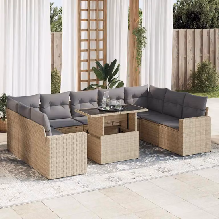 Set Divano da Giardino vidaXL 10 Pezzi a Forma di L con Cuscini Beige e Tavolino in Polyrattan e Acciaio