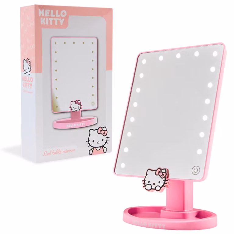 Specchio da tavolo a LED con motivo Hello Kitty e vassoio per gioielli, 27x16,5 cm, rosa