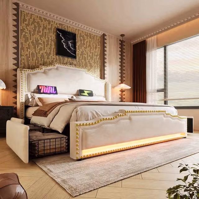 Letto matrimoniale-Xylo-140x200 cm-4 cassetti, LED, USB-C, velluto beige, senza materasso