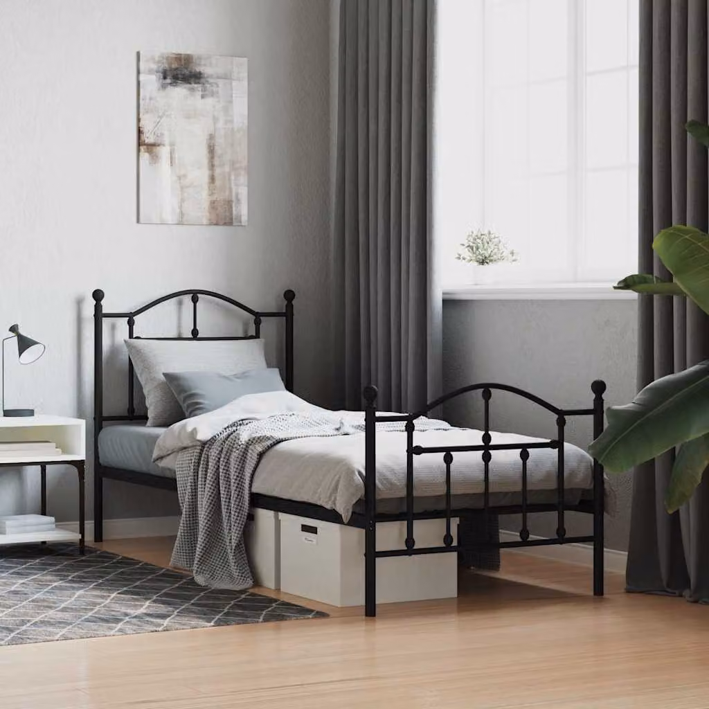 vidaXL Giroletto in Metallo Nero con Testiera e Pediera, L/P: 90 x 200 cm