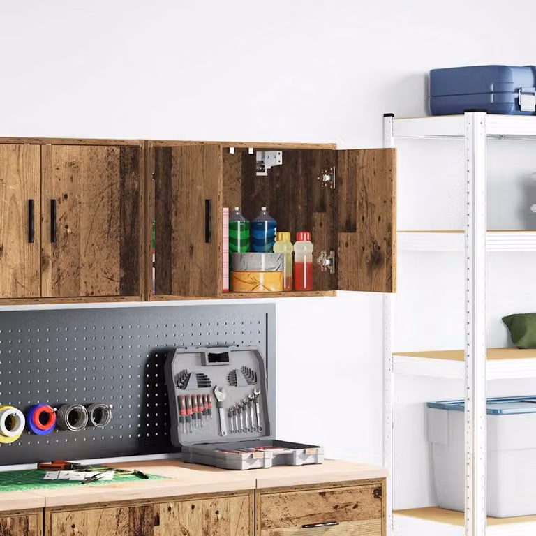 Pensile da garage vidaXL in legno e MDF stile industriale, colore marrone, con ante a battente e ripiani interni, da appendere a parete