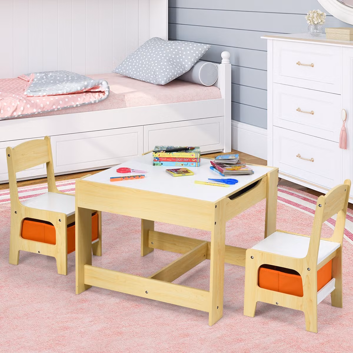 Costway Set tavolo con 2 sedie per bambini in legno e libreria in legno per bambini, Set di 3 pezzi mobili per bimbi e scaffale di stoccaggio