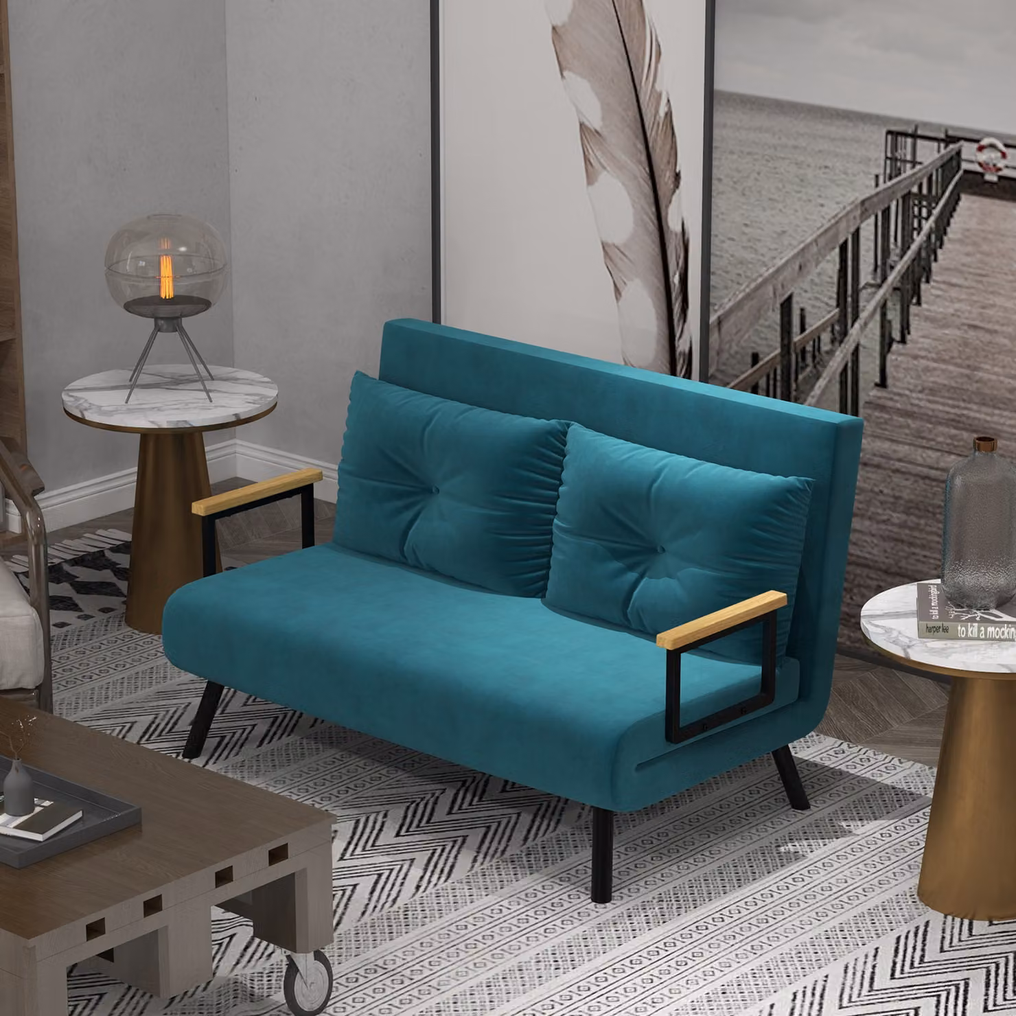 Divano Letto Matrimoniale 3 in 1 HOMCOM in Velluto con Schienale Regolabile in 5 Livelli e Cuscini, Blu Scuro – 2