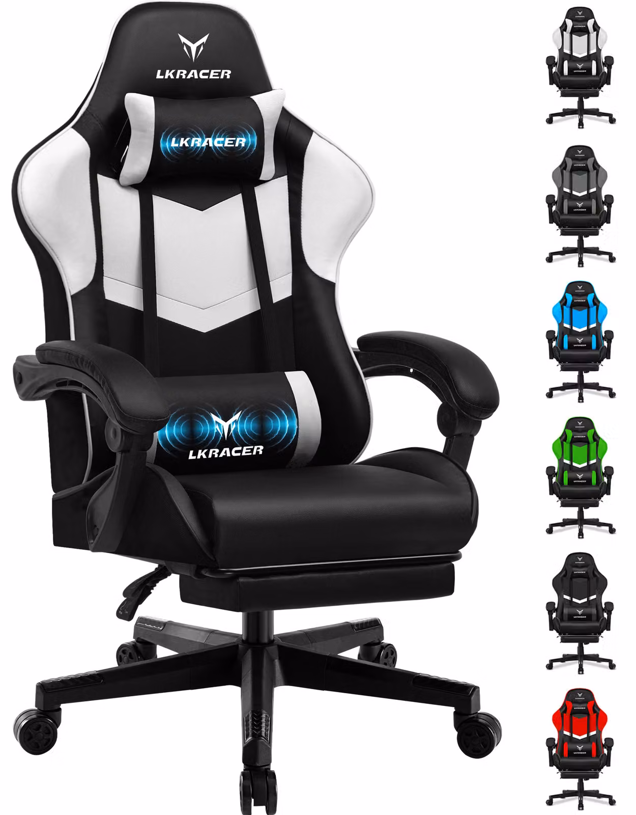 LUCKRACER sedia da gioco sedia da ufficio ergonomica con cuscino lombare cuscino poggiatesta, sedia da gioco regolabile in altezza capacità di carico 150 kg, poggiapiedi bianco