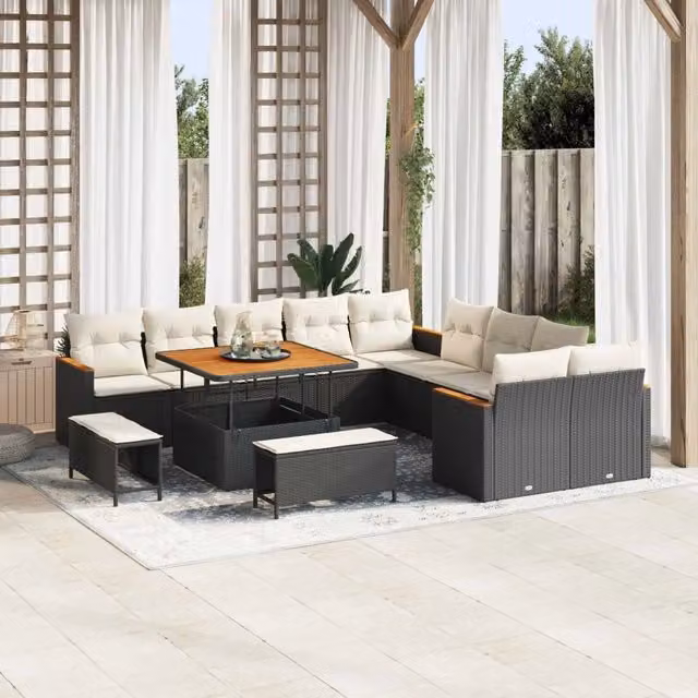 Set Divano da Giardino a Forma a U vidaXL in Polyrattan Nero e Beige con Cuscini e Tavolino da Esterno – 1