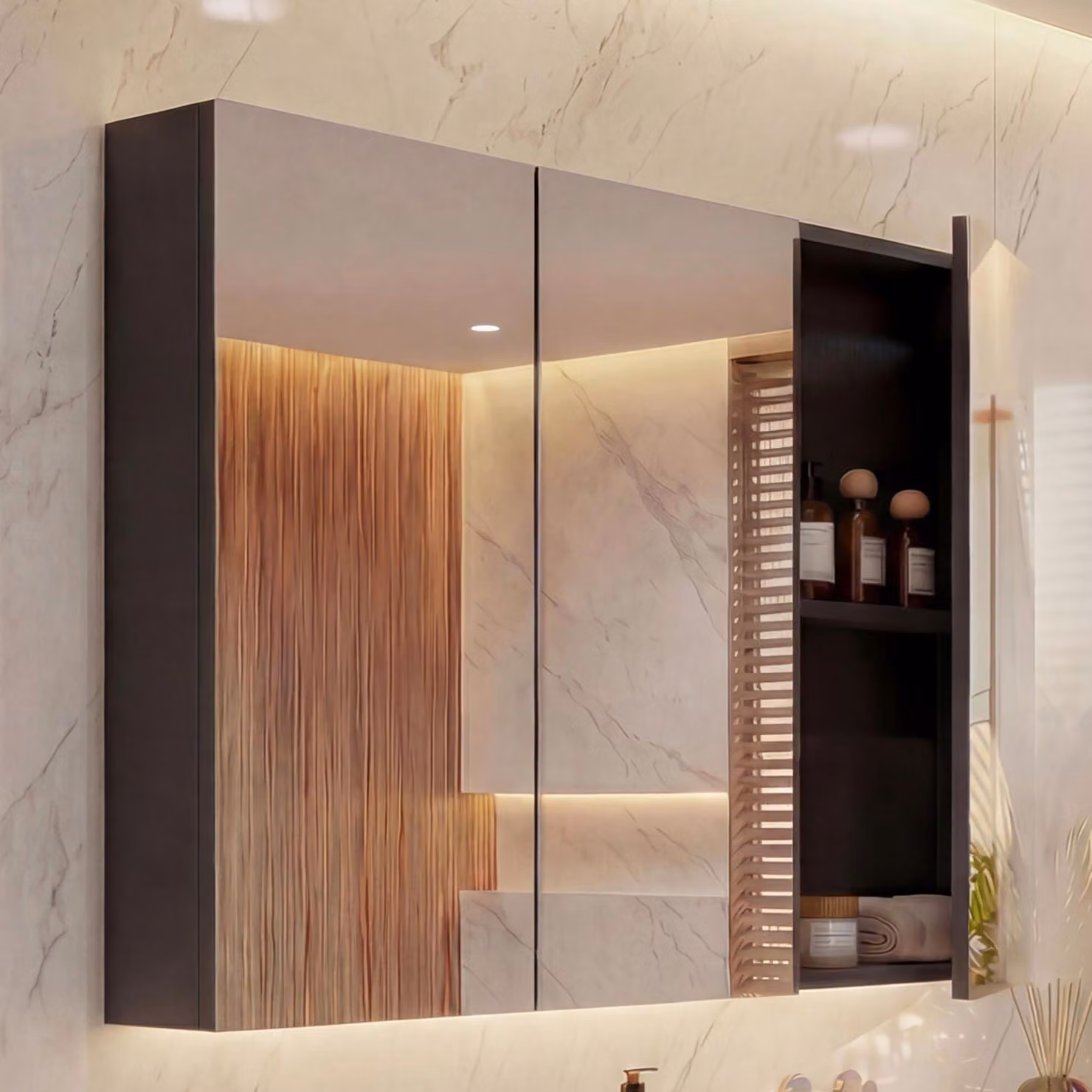 Armadio a specchio HWC-B19b, pensile per bagno, 6 ripiani ® lucido 70x80x16cm ~ nero