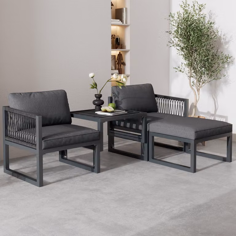 Set salotto da giardino Merax Gruppo di sedute in corda, mobili da giardino a 4 elementi in polyrattan e alluminio, set da balcone Set divano con 2 poltrone e 2 sgabelli, grigio