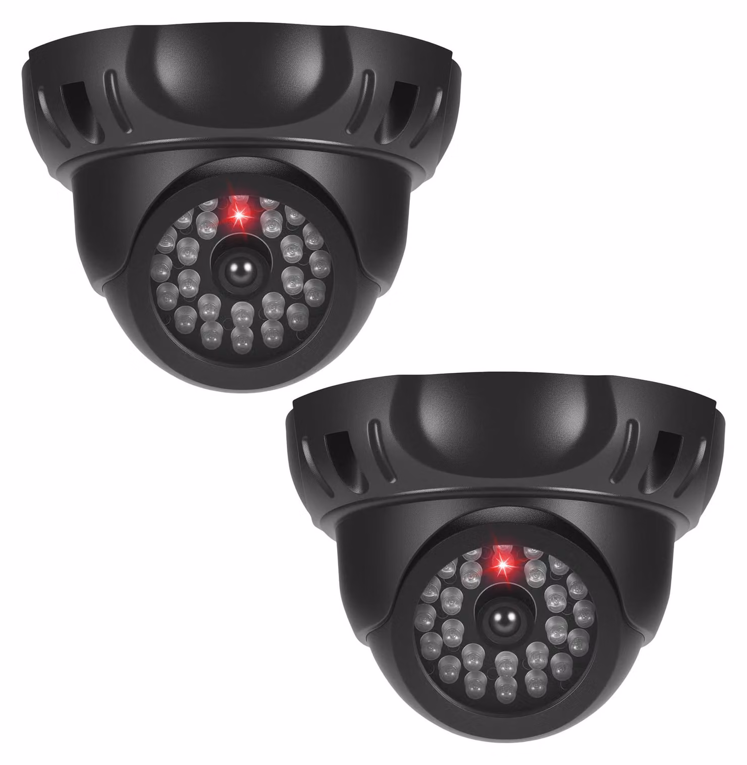 2 telecamere finte, fittizie, rotanti, con LED rossi lampeggianti, per interni ed esterni (colore nero)