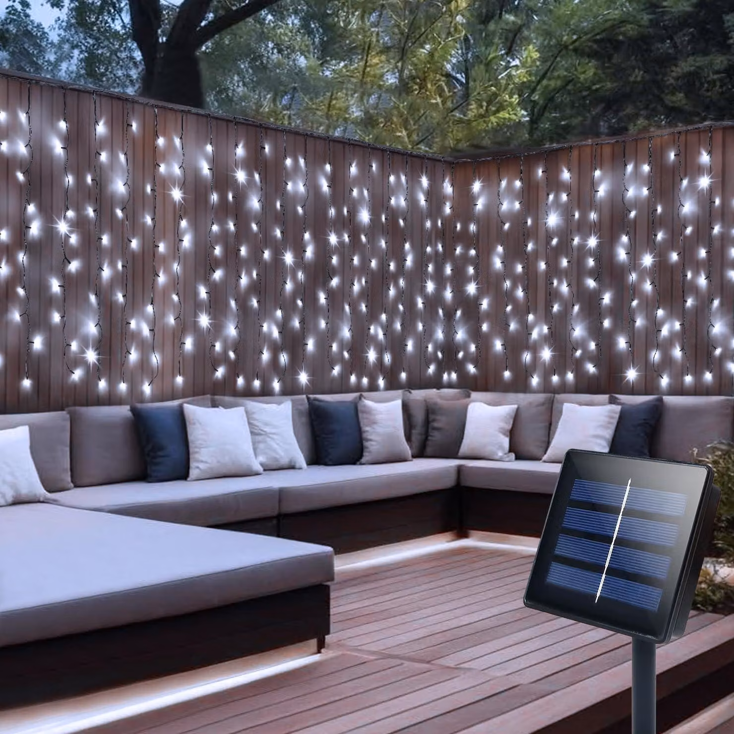 Tende luminose solari, 4 x 1 metro, 200 LED, luce bianca fredda, grado di protezione IP65