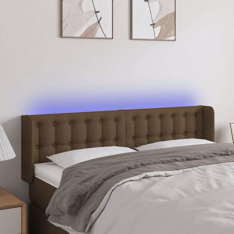 Testiera per letto vidaXL in tessuto marrone scuro con illuminazione LED integrata e porta di ricarica USB, L: 147 cm, P: 16 cm, H: 78-88 cm