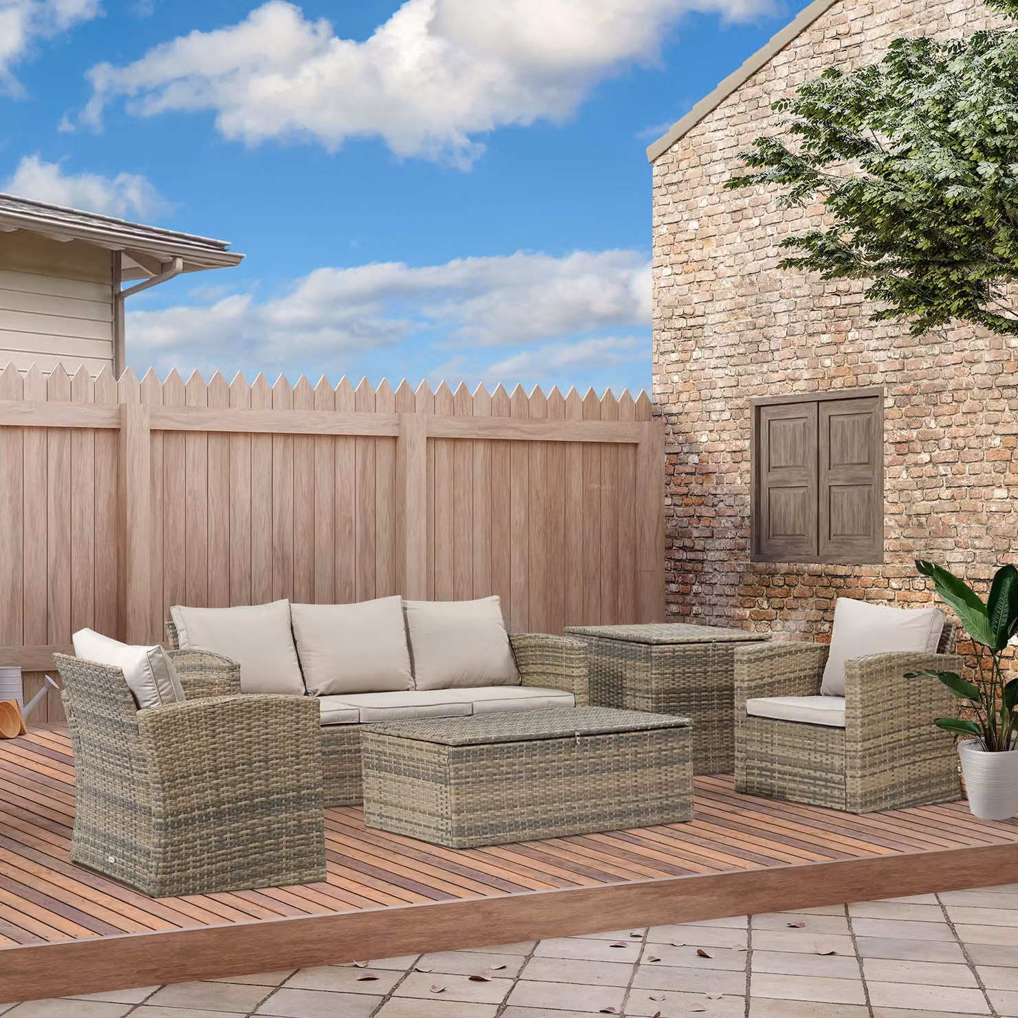 Set da giardino Outsunny in rattan e metallo composto da 6 pezzi con divano a 2 posti, poltrone, tavolino e pouf contenitore, colore beige – 2
