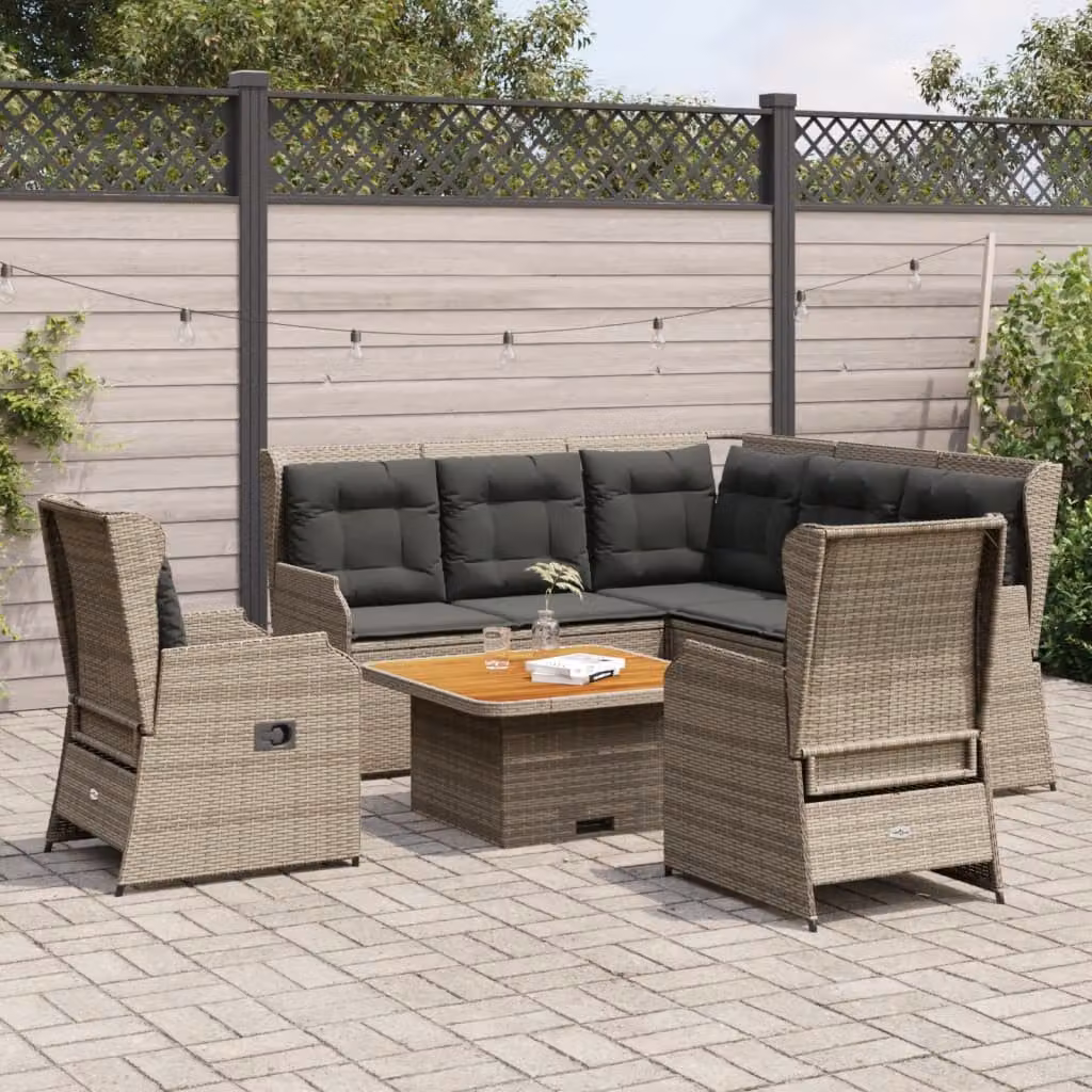 Set Divani da Giardino vidaXL 5 Pezzi a Forma di L in Polyrattan Grigio con Cuscini Imbottiti e Rivestimenti Rimovibili