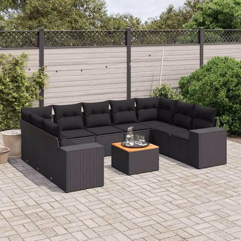 vidaXL Set Divani da Giardino 10pz in Polyrattan Nero con Cuscini e Tavolino da Esterno