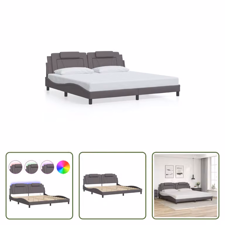 The Living Store Struttura letto con LED grigio 200x200 cm in ecopelle