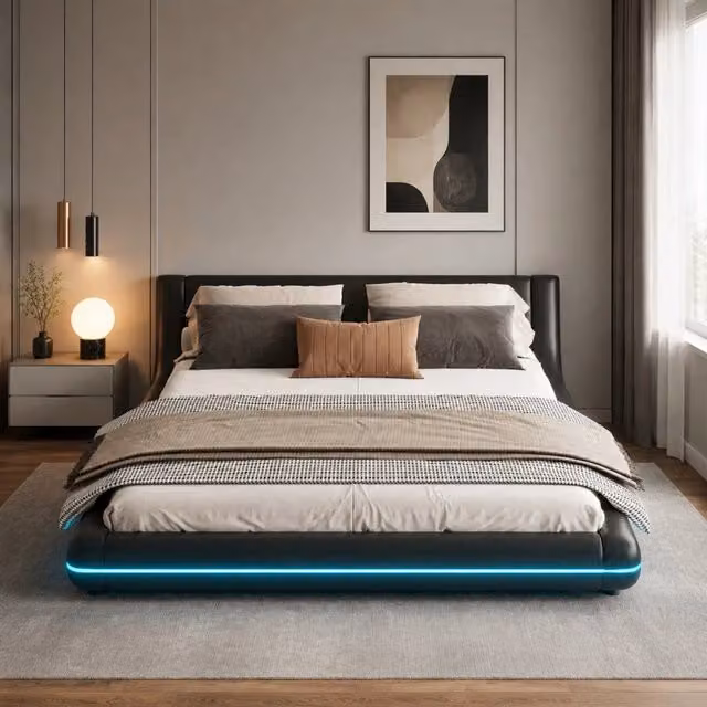 Letto a pavimento 160x200 cm nero in PU e MDF, LED regolabili con app, senza materasso