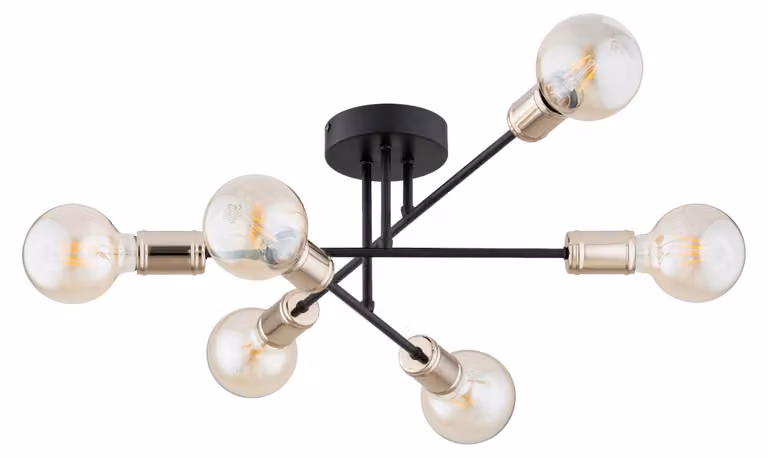 Lampada da soffitto ESTENA nero-oro 6xE27x15W in metallo, dimensioni: 22x48x60 cm, IP20, Alfa