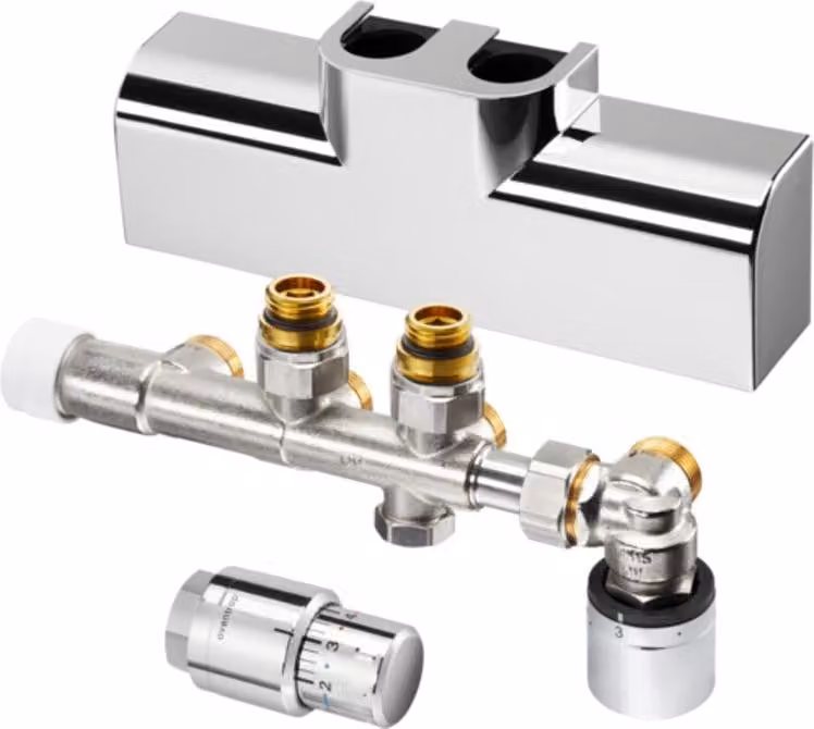 Set di collegamento per radiatori da bagno Oventrop ad angolo, per combinazione con riscaldamento a pannelli cromato