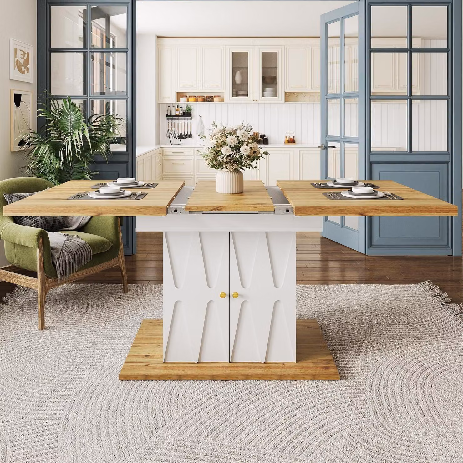 Tavolo da pranzo allungabile con motivo a rilievo, dimensioni 110(140)x70x76,5 cm, realizzato in impiallacciatura di legno su MDF