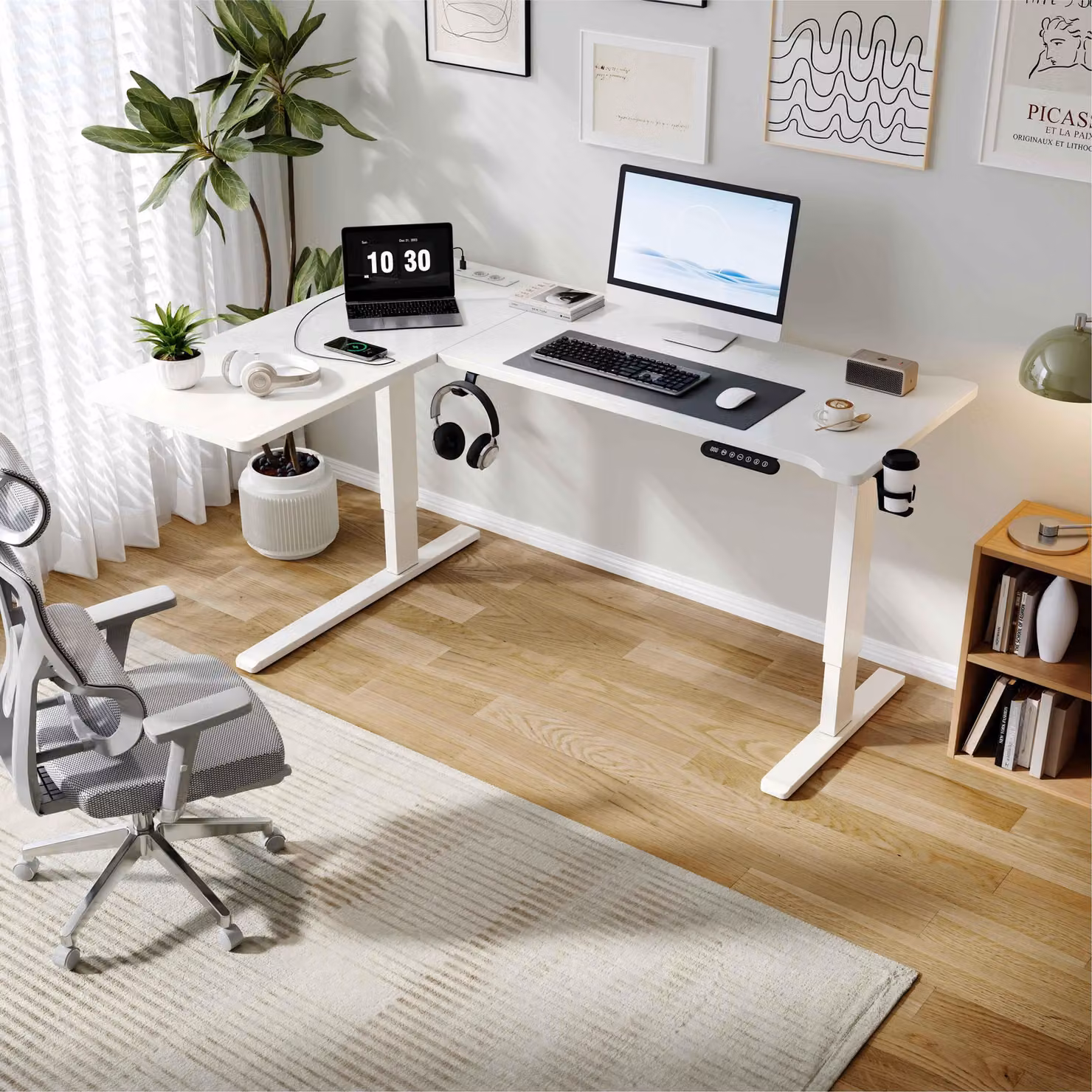 AIORBER Scrivania angolare a L regolabile elettricamente in altezza, con 3 funzioni di memoria, porte USB e prese di corrente, 160x120 cm, bianco