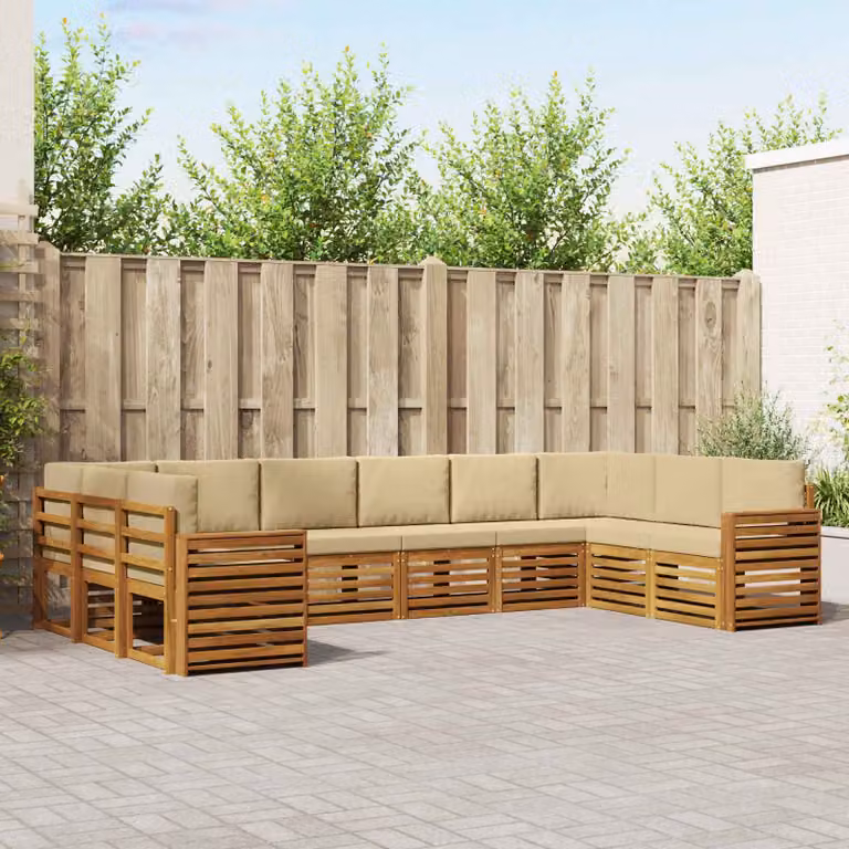 vidaXL Set di divani da esterno a L in legno di acacia con cuscini, Beige e Sabbia