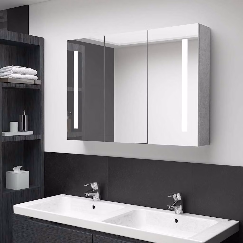 Armadietto da bagno moderno vidaXL con specchio e illuminazione LED, Grigio, L: 89 cm, P: 14 cm, H: 62 cm – 1