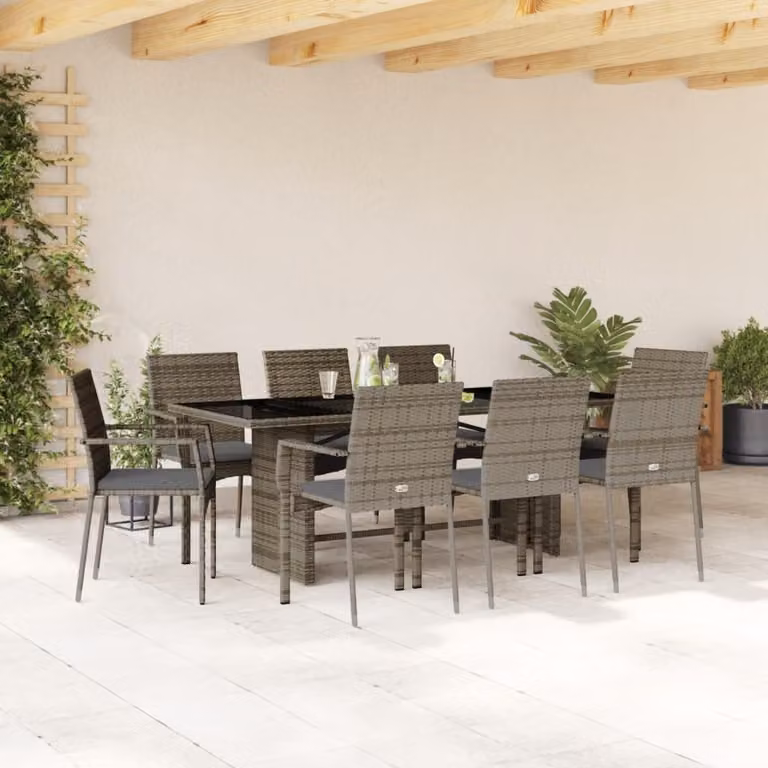 vidaXL Set da Pranzo da Giardino 9 pz in Polyrattan Grigio con Piano in Vetro