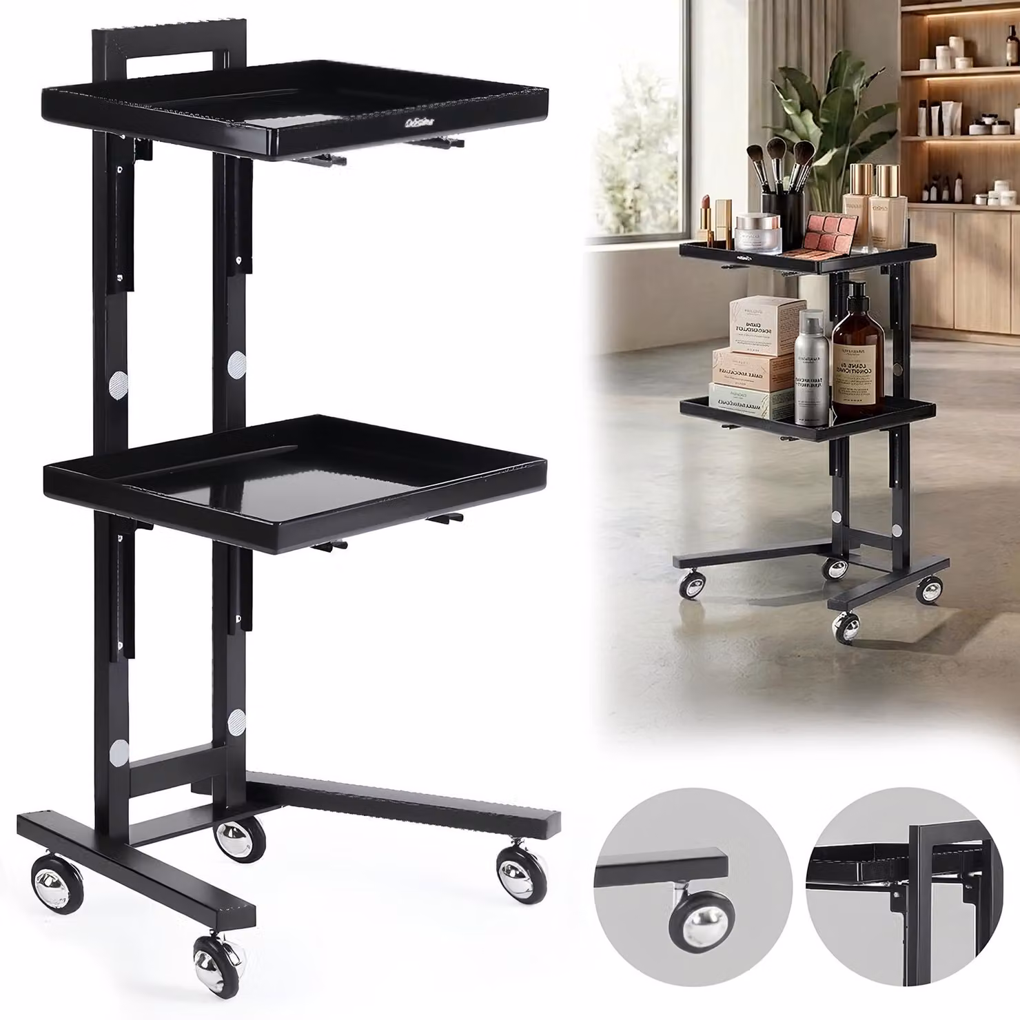 Assistente cosmetico parrucchiere per salone, carrello universale con ruote e due ripiani regolabili.
