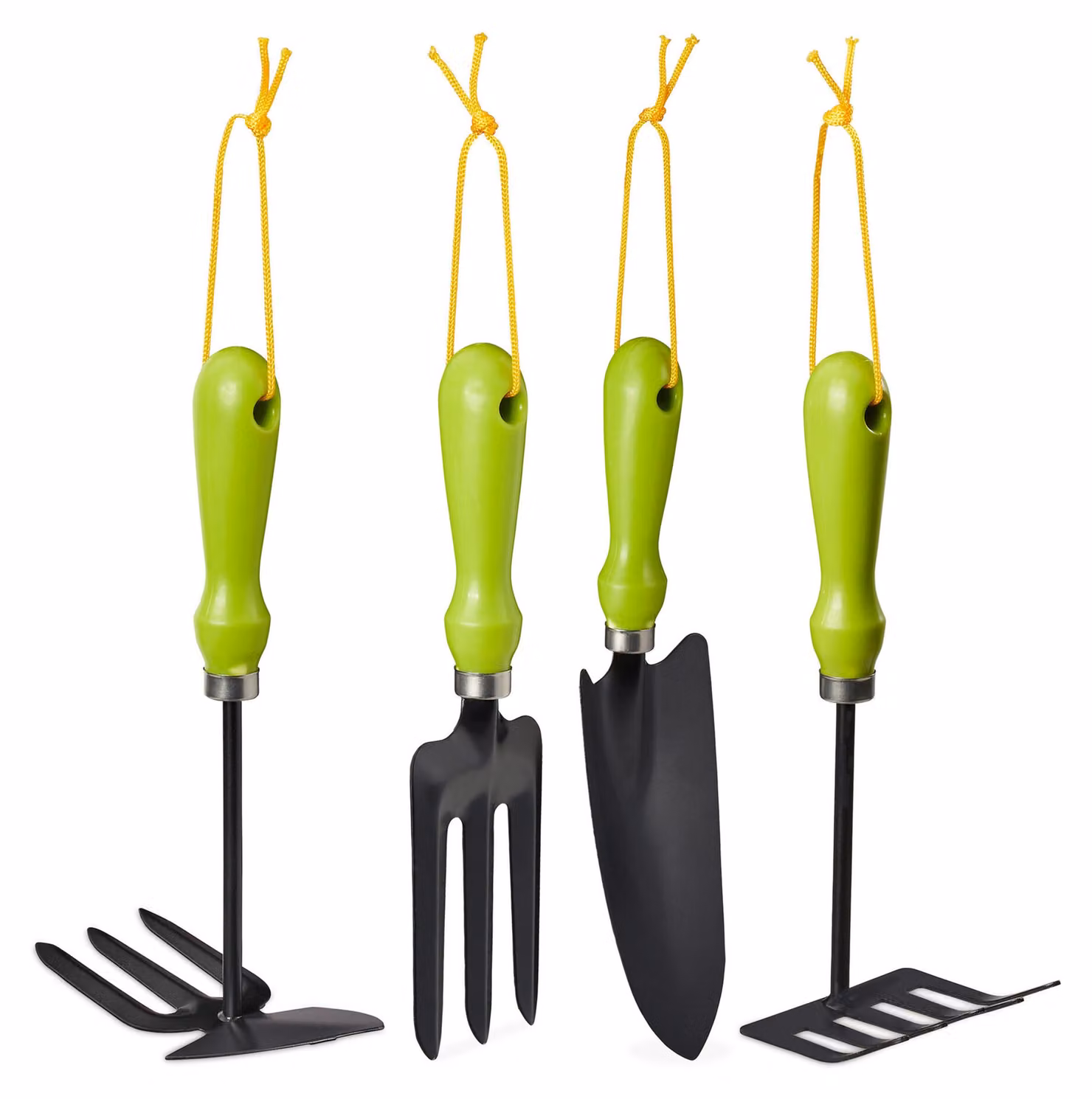 Set di attrezzi da giardino Relaxdays 4 pezzi, cazzuola per fiori, rastrello piccolo, zappa doppia, forcone per fiori, set di attrezzi da giardino, ferro, verde