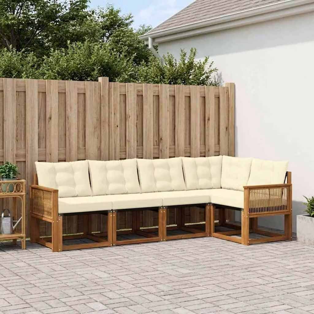 Set di divani da esterno vidaXL a forma di L composto da 5 pezzi in legno di acacia con rivestimento in textilene, colore beige e marrone
