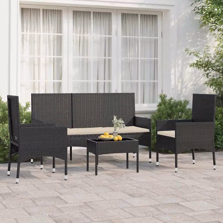 Set da giardino vidaXL in polyrattan nero composto da 4 pezzi con cuscini inclusi e tavolino