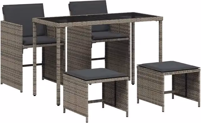 Set da Pranzo da Giardino 5 Pezzi in Polyrattan Grigio con Tavolo in Vetro e Cuscini