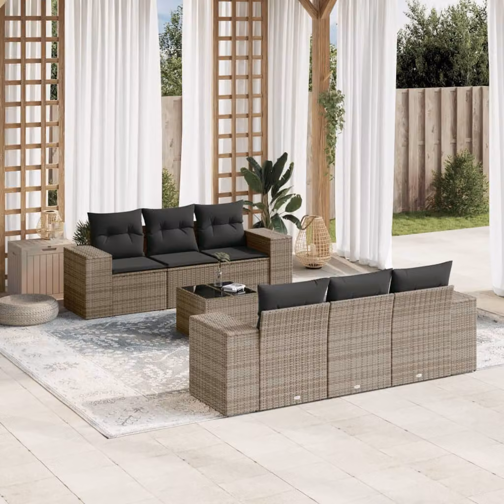 Set di divani da giardino vidaXL in polyrattan grigio con cuscini, tavolino e poltrone per esterno a forma di L – 1
