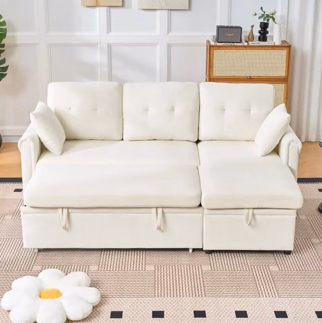 Divano letto angolare 206x130x85 cm in ciniglia beige con contenitore salvaspazio –