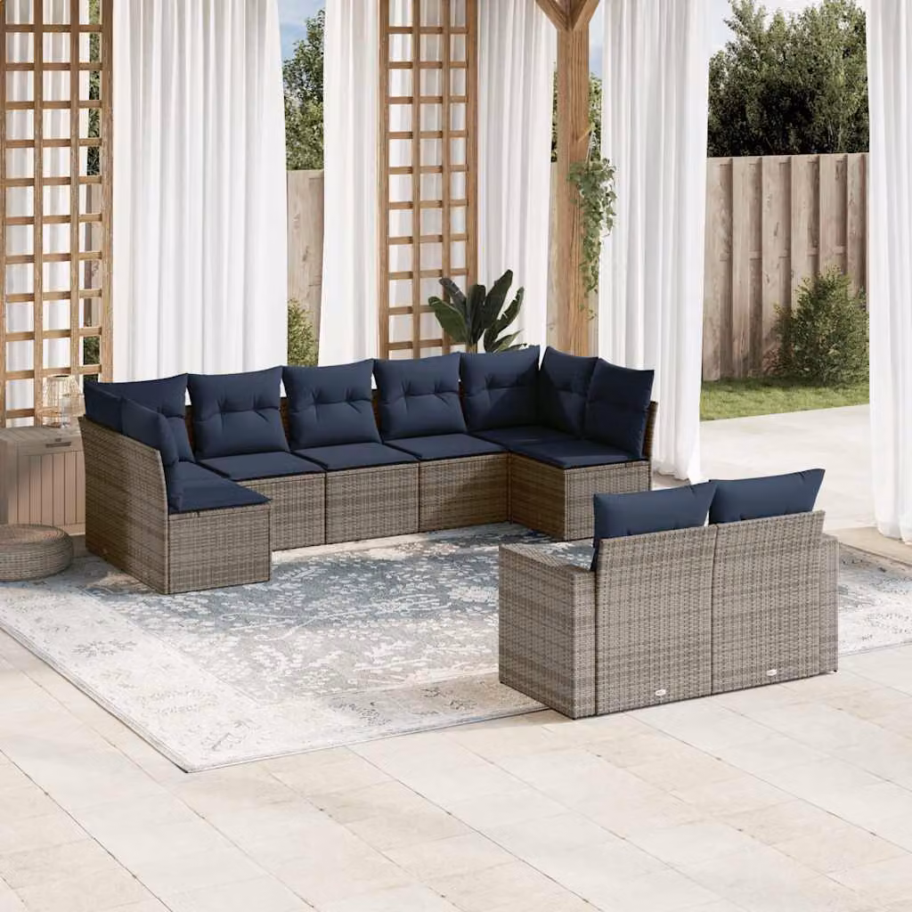 Set di divani da giardino vidaXL 9 pezzi con cuscini grigi e struttura in metallo e rattan per esterno – 1