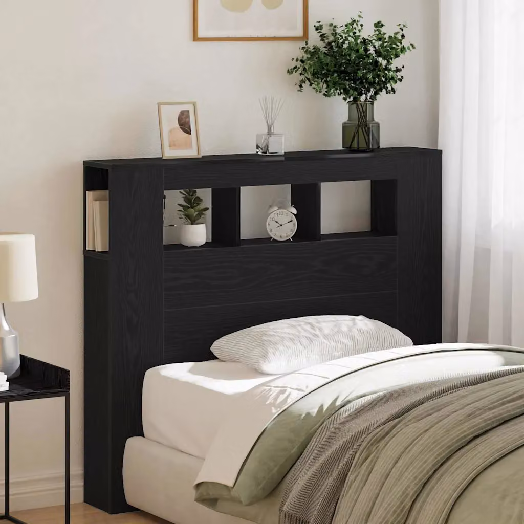Testiera con LED vidaXL in Rovere e Nero, con mensola integrata e porta di ricarica USB, L: 120 cm, H: 103,5 cm, P: 18,5 cm