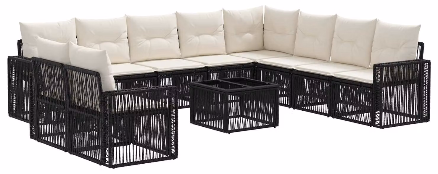 Set Divano da Giardino 11 pcs Nero e Bianco Crema polyrattan