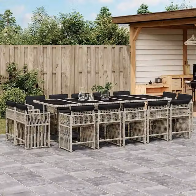 Set da Pranzo da Giardino vidaXL in Polyrattan Grigio Antracite con Cuscini e Tavolo in Vetro, 15 Pezzi