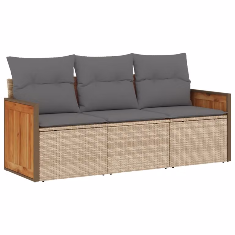 Set Divano da Giardino 3 pz con Cuscini Beige in Polyrattan