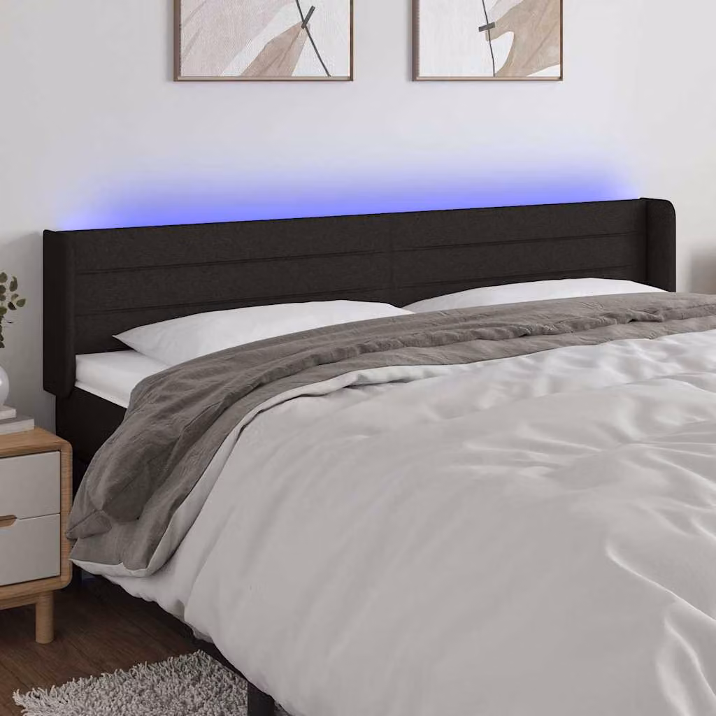 Testiera per letto vidaXL in tessuto nero con illuminazione LED e porta di ricarica USB, L: 163 cm, P: 16 cm, H: 78-88 cm