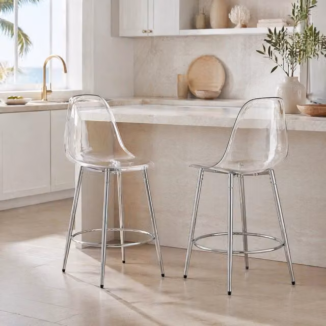 Set di 2 sgabelli da bar moderni MIVRAY trasparenti con gambe in metallo argento, altezza seduta: 66 cm